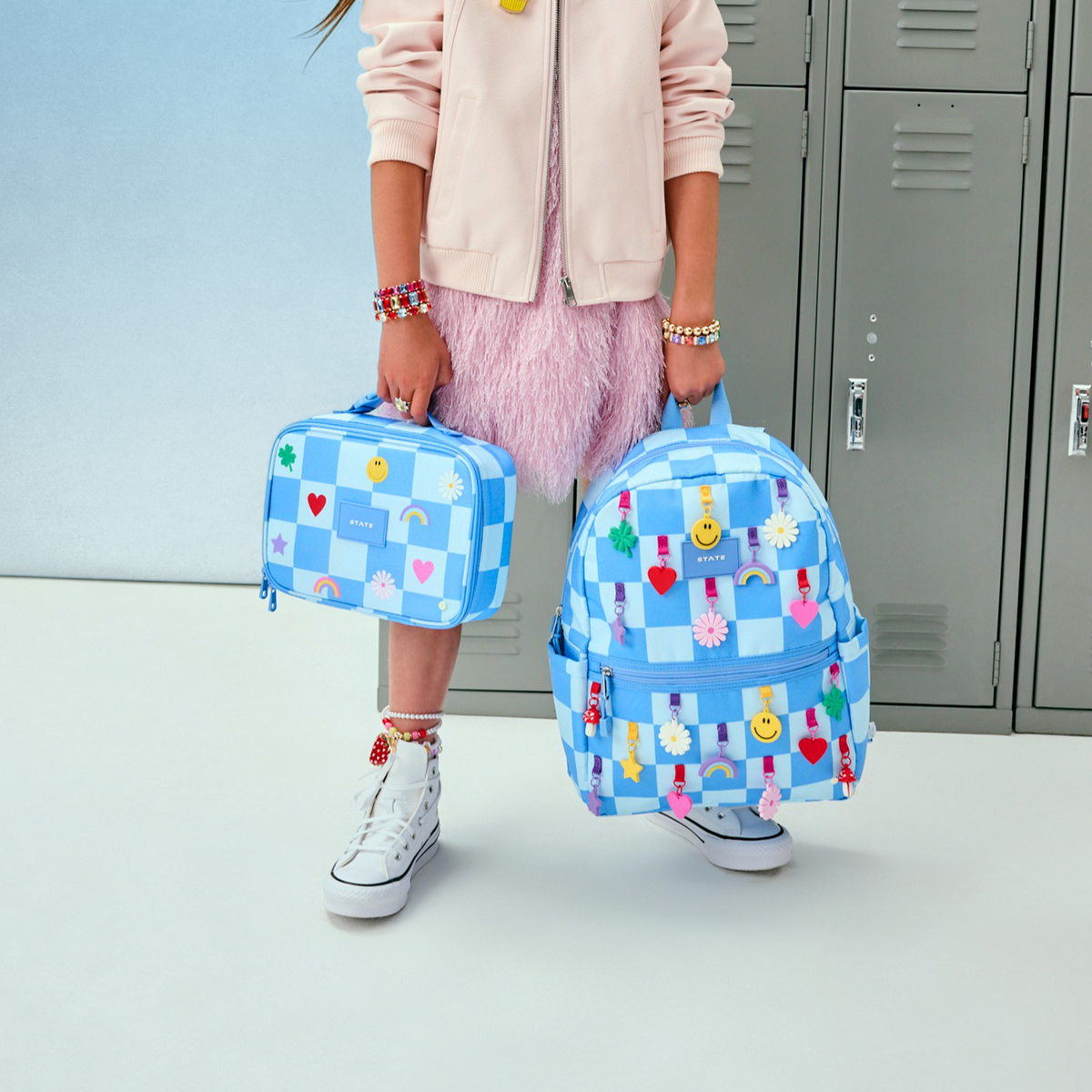 Kane Double Pocket Backpack charms blue check