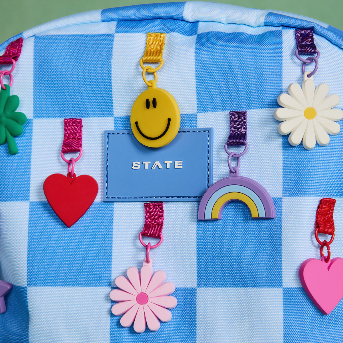 Kane Double Pocket Backpack charms blu  checkerboard up close