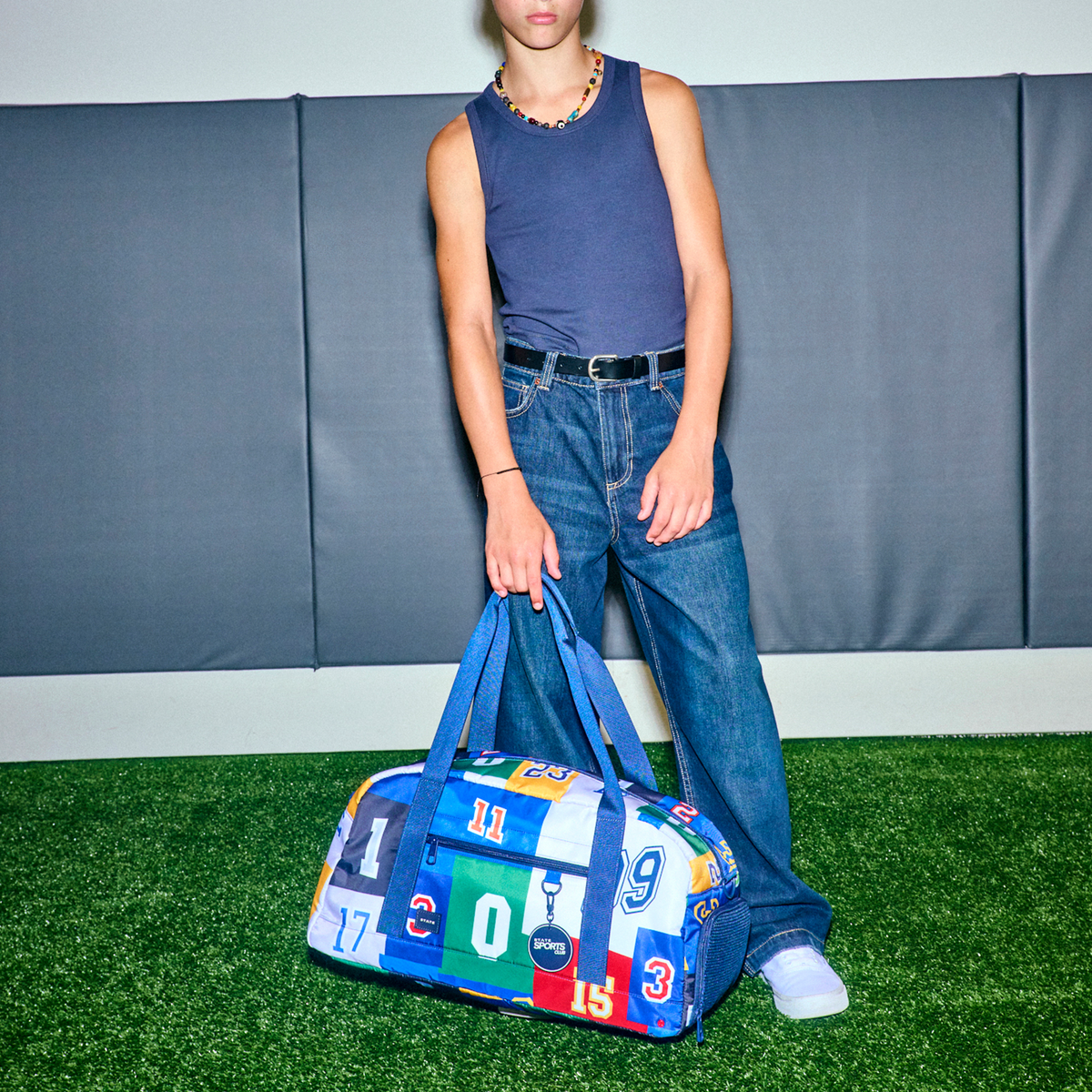 boy wearing STATE Fenway Sports Duffle Varsity Numbers