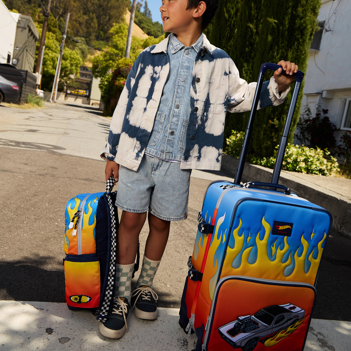 Boy with STATE x Hot Wheel Logan Carry-On Suitcase Flames 