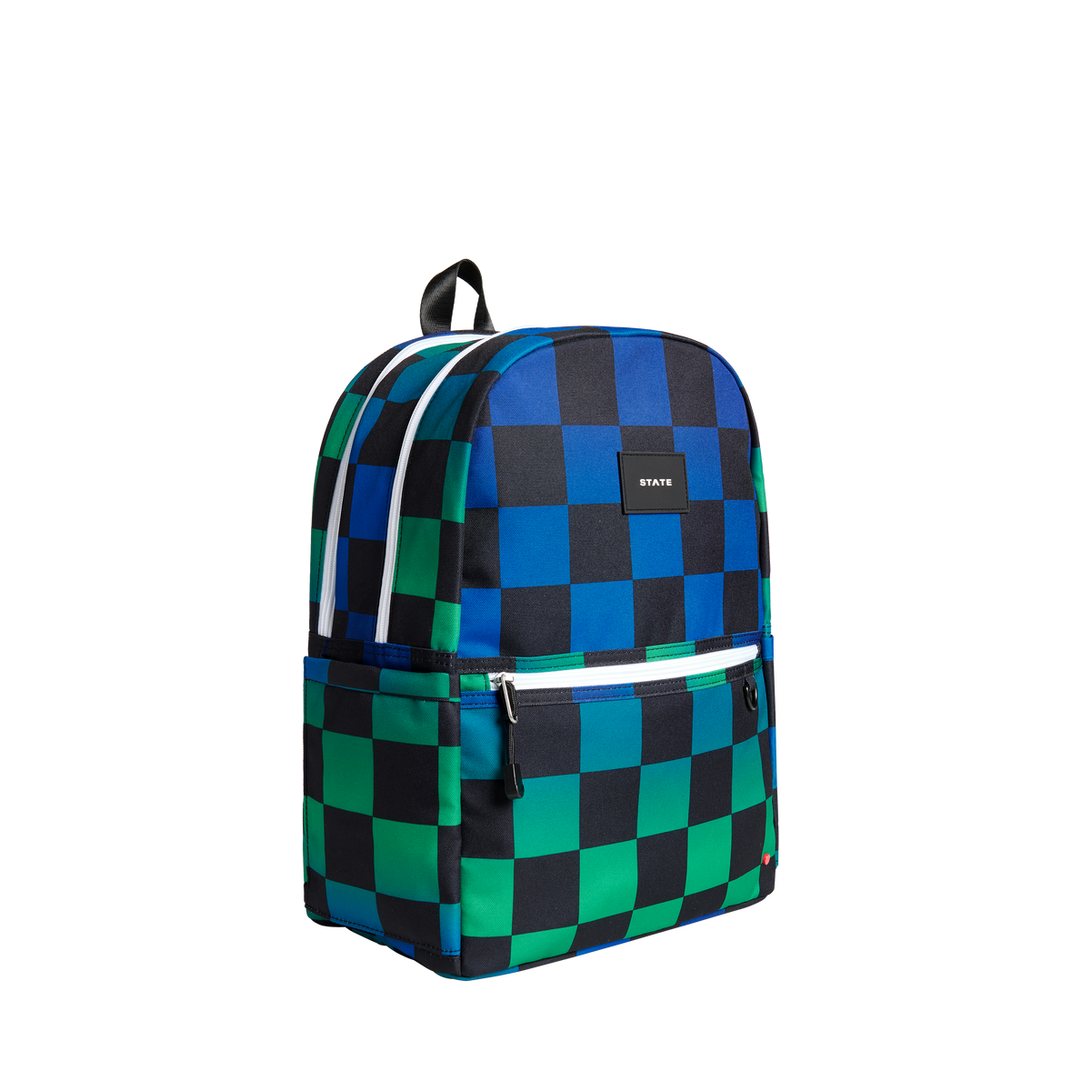 state bags kane kids double pocket backpack recycled poly canvas checkerboard blue side view click to zoom