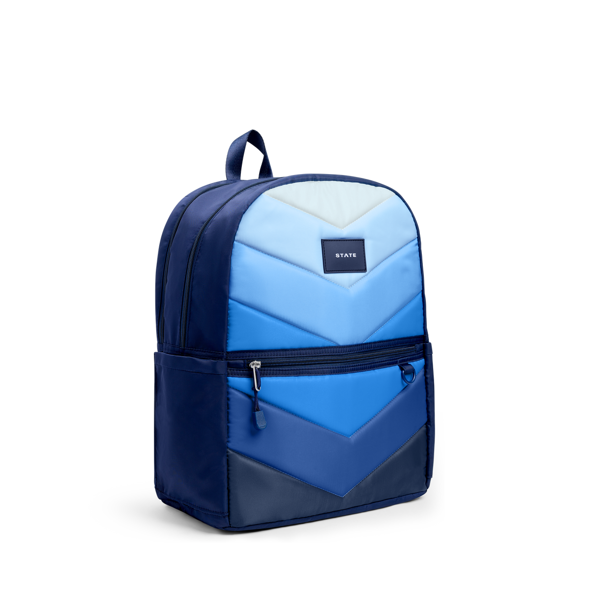 STATE Bags Kane Double Pocket Backpack Blue Chevron Side View Click to Zoom