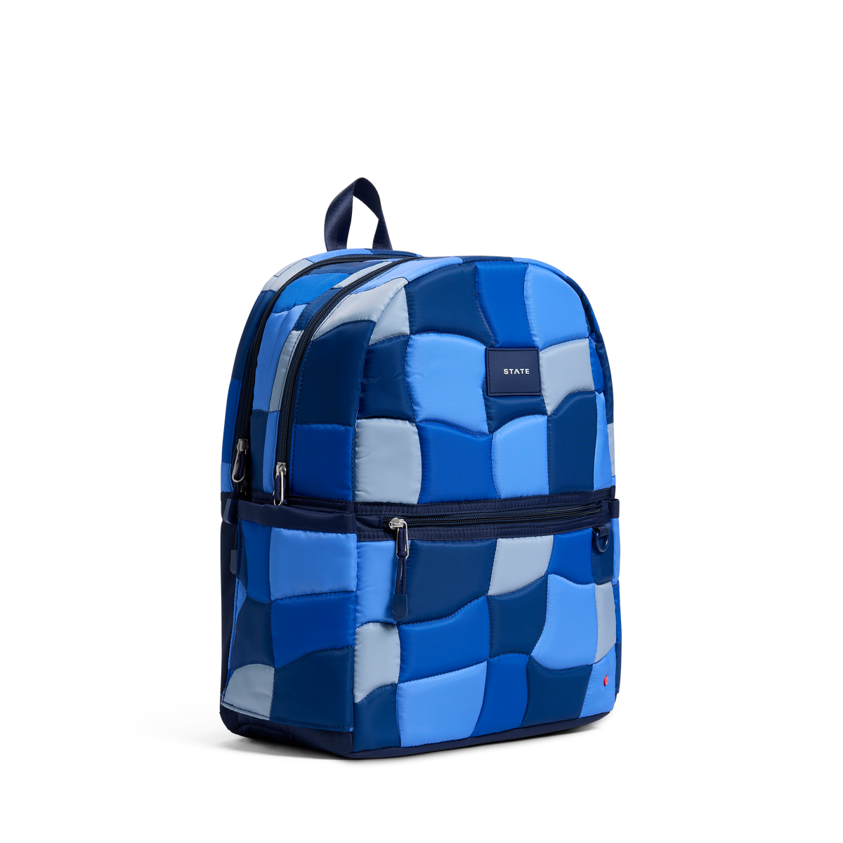 STATE Bags Kane Double Pocket Backpack Blue Puffer Check Front View Click to Zoom