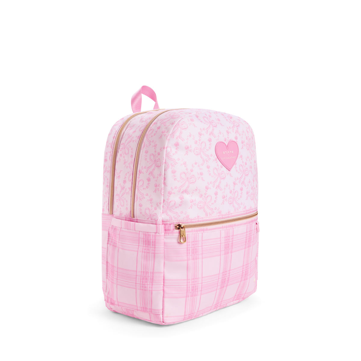 STATE Bags x LoveShack Fancy Kane Double Pocket backpack pink vanilla side view click to zoom