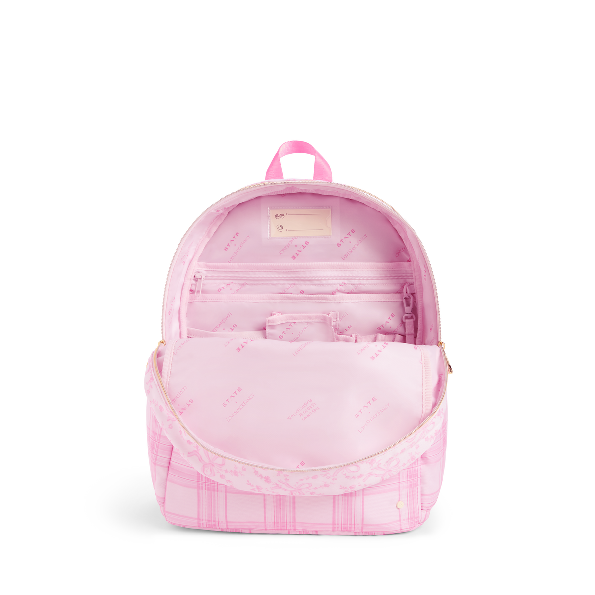 STATE Bags x LoveShack Fancy Kane Double Pocket backpack pink vanilla interior view click to zoom