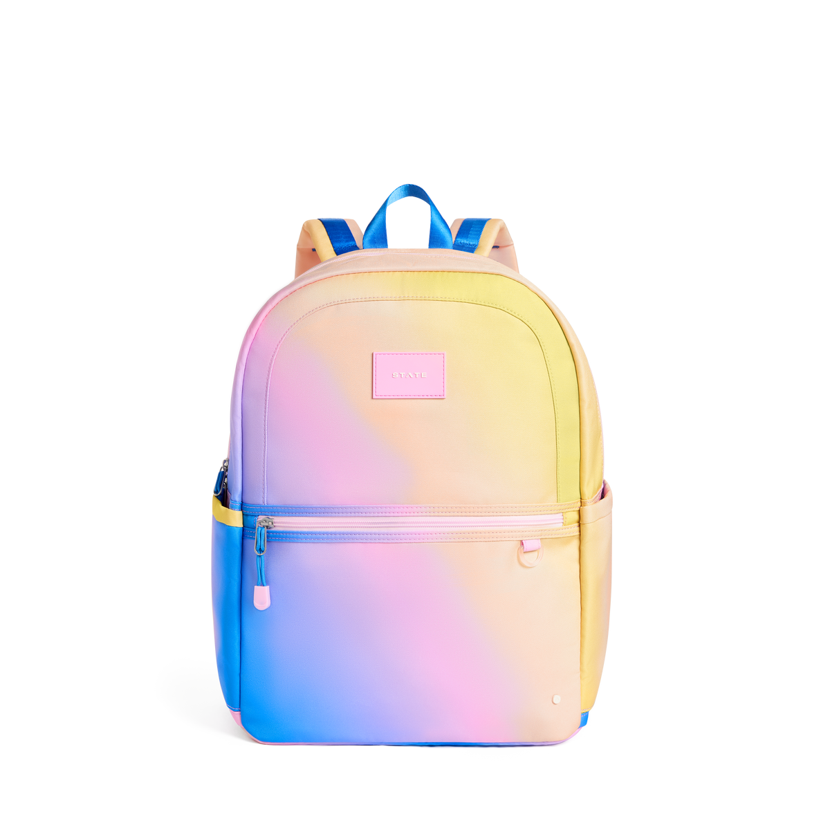 STATE Bags Kane Double Pocket Large Backpack Blue/Pink/Yellow Gradient Front View Click to Zoom