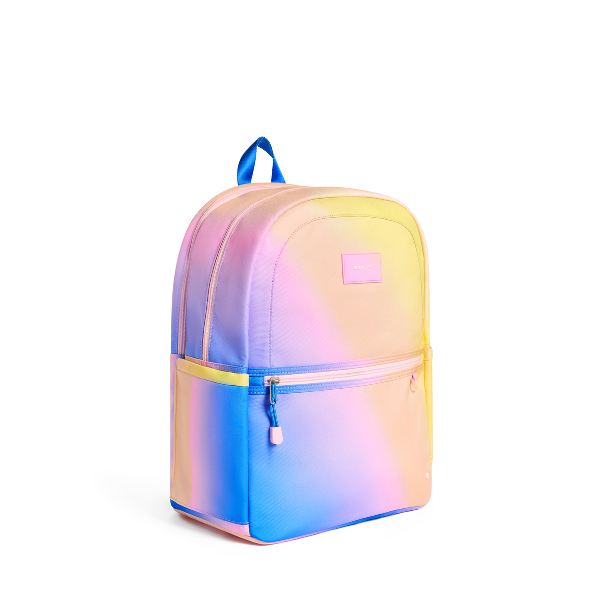 STATE Bags Kane Double Pocket Large Backpack Blue/Pink/Yellow Gradient Side View Click to Zoom