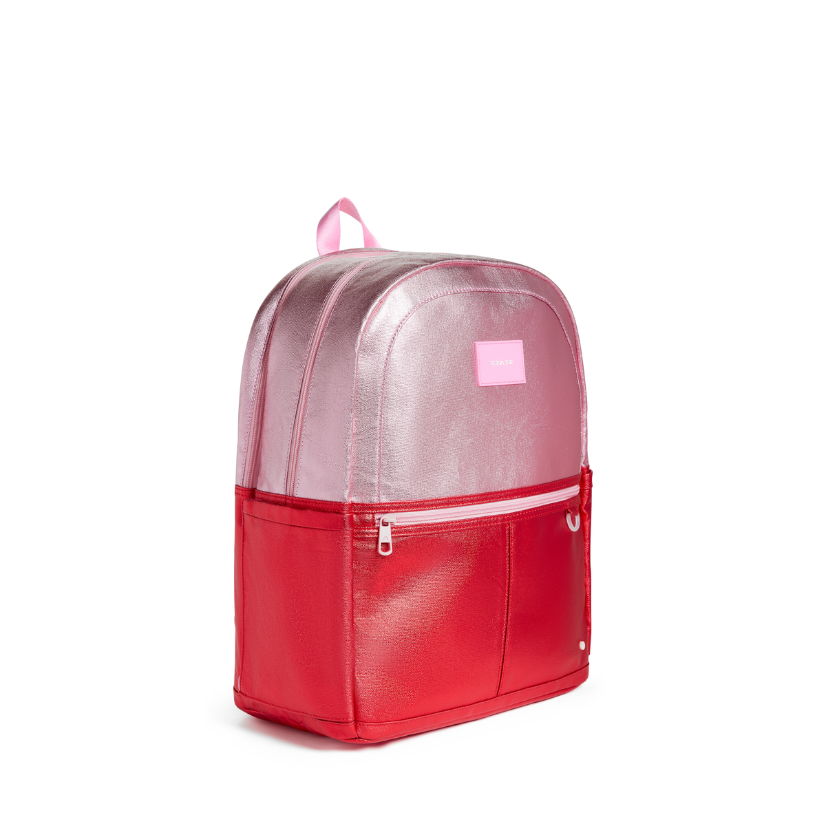 STATE Bags Kane Double Pocket Large Backpack Pink/Red Metallic Colorblock Side View Click to Zoom