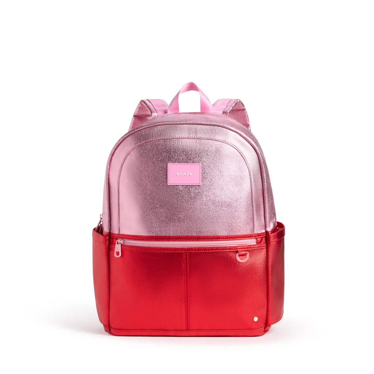 STATE Bags Kane Double Pocket Large Backpack Pink/Red Metallic Colorblock Front View Click to Zoom