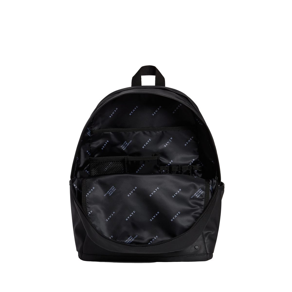 STATE Bags kane double pocket large backpack coated canvas black interior front view click to zoom 